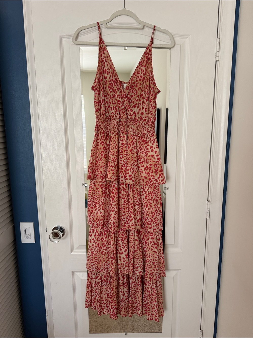 glam Pink-Red Leopard Tiered Spaghetti-Strap Maxi Dress